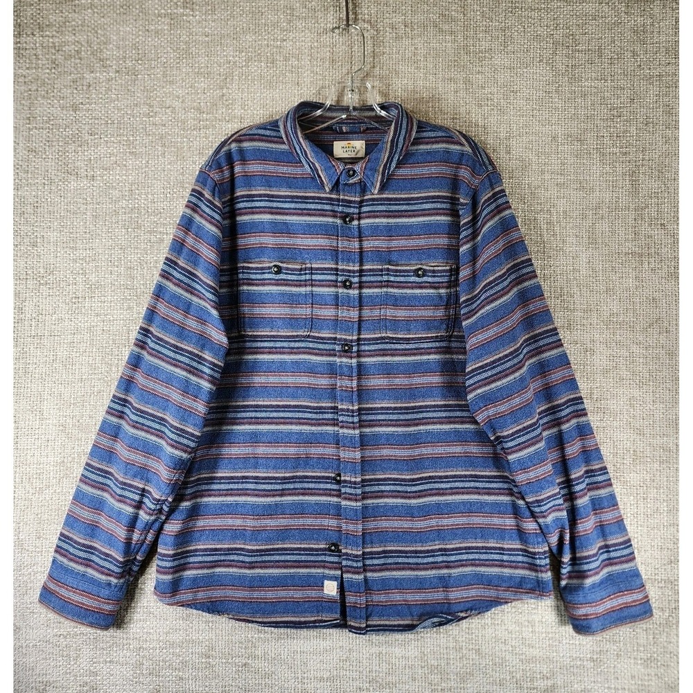 Marine Layer Heavy Flannel Overshirt Mens M/L Marge Burgundy Blue Stripe